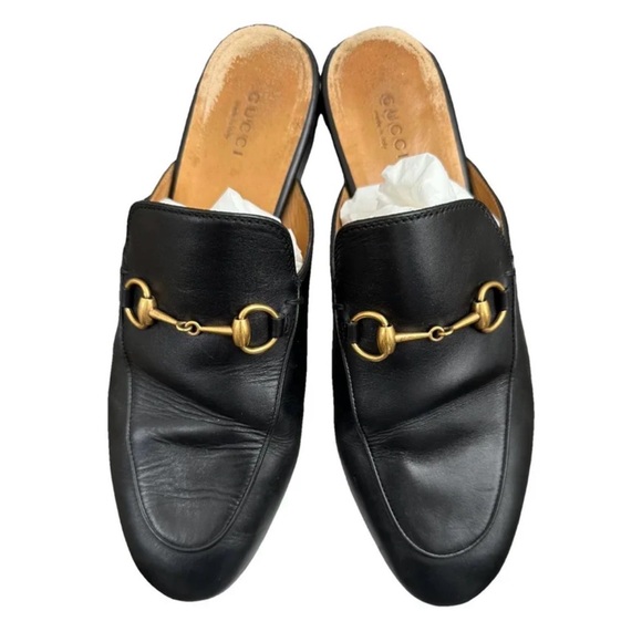 Gucci Princetown Black Leather Mules with Gold Hardware - Picture 1 of 6